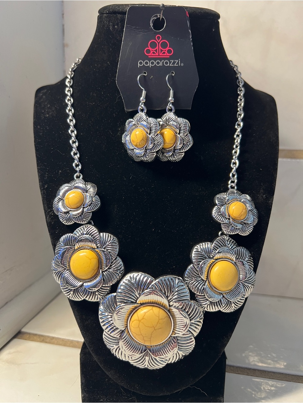 Paparazzi Silver Floral Necklace and Earring Set with Yellow Cabochons
